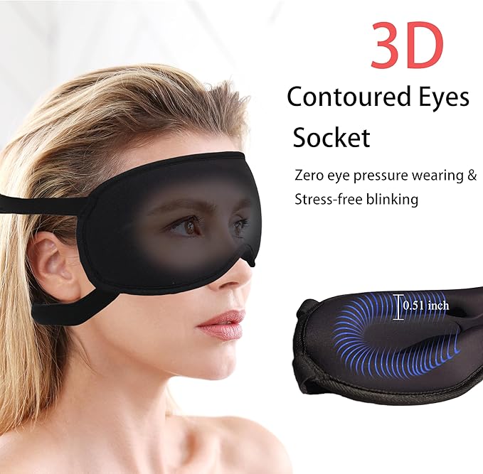 3D Blackout Sleep Mask - Zero Pressure Eye Mask with Double Adjustable Strap, Soft Breathable Lycra Fabric, Perfect for Side Sleepers, Travel, Yoga & Nap - Unisex Design (Black)