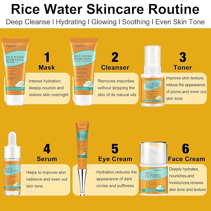 Skin Care Set,7Pcs Women Teen Glass Skincare w/Korean Rice Extract,Hydrate Glow Repair Anti-Aging Facial Routine Kit Self Care Gifts for Women Mom Wife Teenage Girl Teens 10-12 Travel-Size Kit