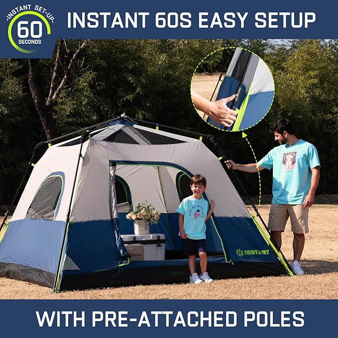 4/6/8 Person Instant Tent, Waterproof Pop Up Tents for Camping with Rainfly, 60 Seconds Easy Setup, Automatic Cabin Tent for Family Camping with Expandable Carry Bag & Upgraded Ventilation