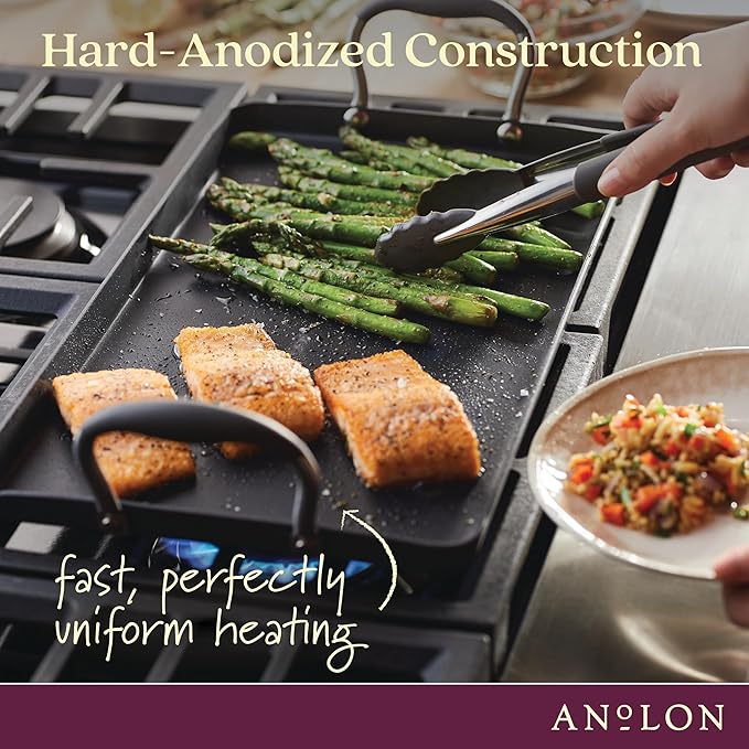 Anolon Advanced Home Hard Anodized Nonstick Double Burner Griddle with Roasting Rack, 10 Inch x 18 Inch, Moonstone
