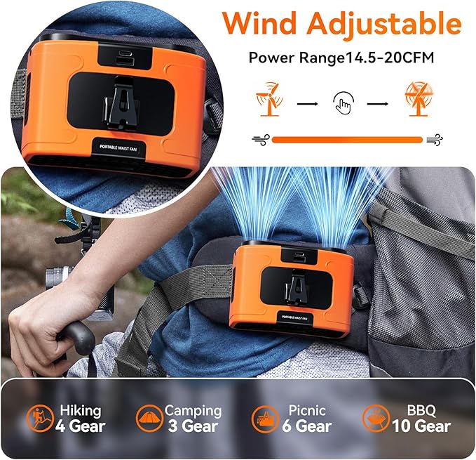 10000mAh Personal Waist Fan, USB Rechargeable Clip The Waist For Working,10 Speed & 40H Cooling and Heatstroke Prevention For Outdoor Travel Camping (K60-orange, 12000mAh)