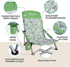 VILLEY Low Beach Chair, High Back Folding Beach Chair for Adults, Lightweight and Portable for Outdoor, Beach, Camping, Lawn, Music Festival, with Cup Holder and Carry Bag-Green Tropical Leaves