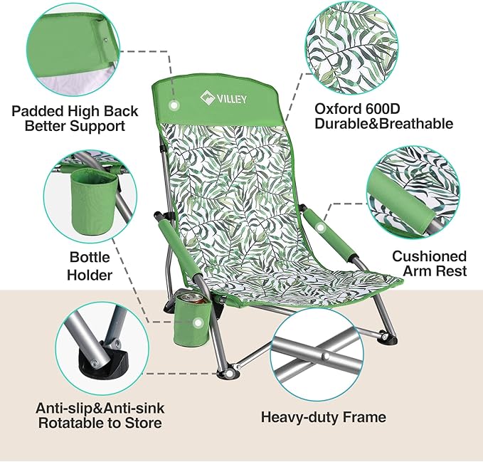 VILLEY Low Beach Chair, High Back Folding Beach Chair for Adults, Lightweight and Portable for Outdoor, Beach, Camping, Lawn, Music Festival, with Cup Holder and Carry Bag-Green Tropical Leaves