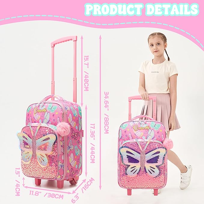 Kids Carry On Luggage with Wheels Softside Kids Suitcase for Girls Airline Approved & Girls Multi-function Carry Bag 4pcs Set