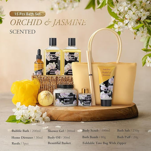 15Pcs Spa Kit Gifts for Women - skincare Bath and Body Spa Gift Basket for Women with Purse Handbag | Relaxing Care Kit Orchid Jasmine Mothers Day Gifts for Mom Gift Baskets for Anniversary