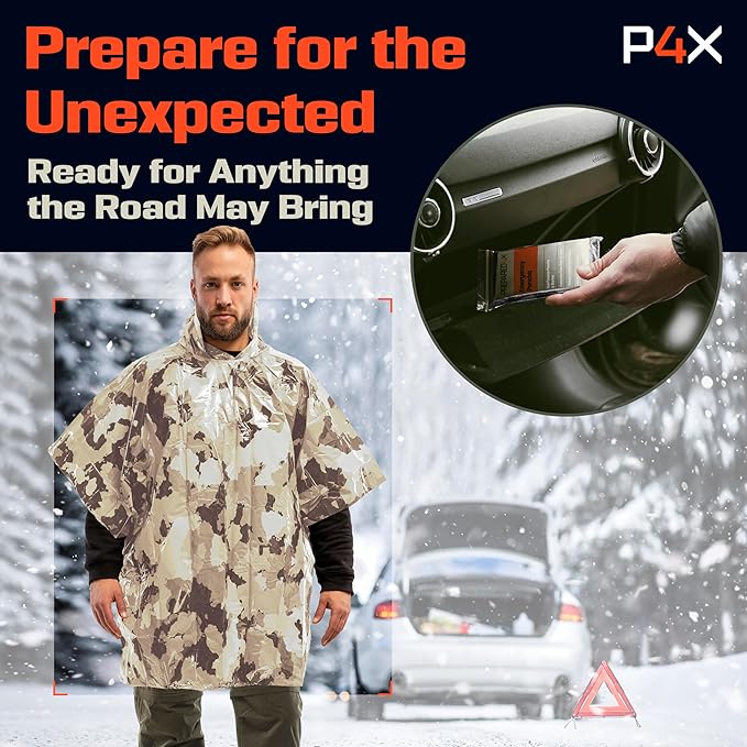 PREPARED4X Emergency Poncho and Mylar Blanket Liner - Waterproof, Wind-Resistant Outdoor Rain Poncho for Camping, Emergencies