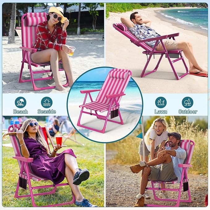 Suteck Backpack Beach Chair, 6-Positions Beach Chairs for Adults with Cooler Bag, Reclining Beach Chair with Cup Holder Folding Camping Chair for Sand Outdoor