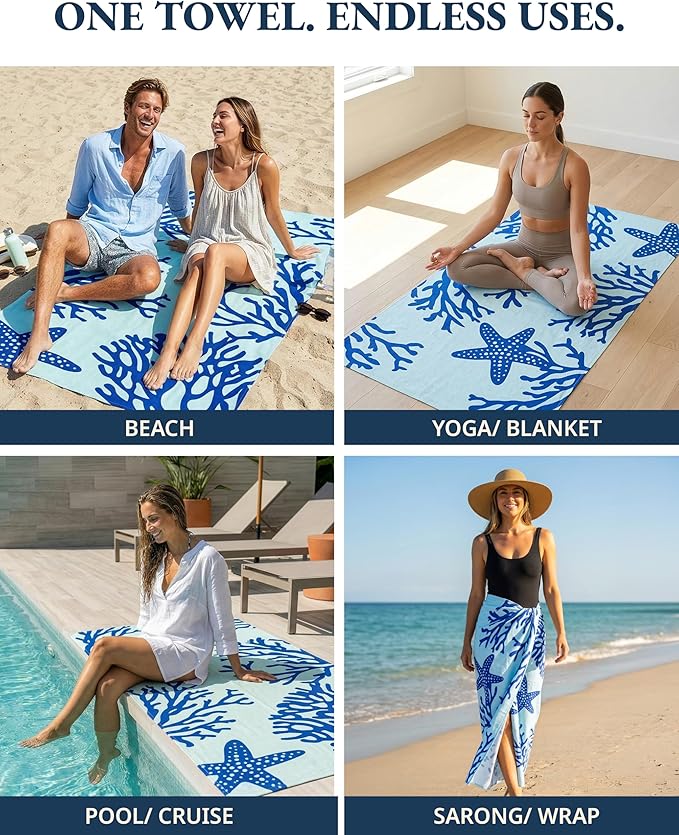 LANE LINEN Beach Towel 2 Pack, Oversized Beach Towel 39"x71", Lightweight Beach Essentials for Women, Large Pool Towel, Absorbent & Quick Dry, Sand Free Beach Towel - Turtle & Coral