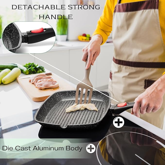 Moss & Stone Square Grill Pan for Indoor Cooking, 11-Inch Nonstick Griddle Skillet with Removable Handle, RV Die-Cast Aluminum Stove Top Grill Pan for Meats & Vegetables, Detachable Handle