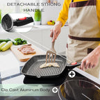 Moss & Stone Square Grill Pan for Indoor Cooking, 11-Inch Nonstick Griddle Skillet with Removable Handle, RV Die-Cast Aluminum Stove Top Grill Pan for Meats & Vegetables, Detachable Handle