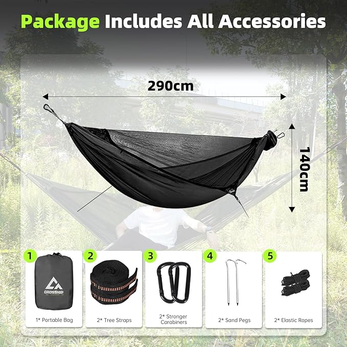 Camping Hammock with Mosquito Net, 2 Person Hammock Tent, Portable, Parachute Nylon for Indoor, Outdoor, Hiking, Backpacking, Backyard, Beach, Travel (Hold Up to 500lbs) (Black)