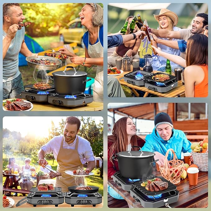 Portable 2 Burner Camping Stove with Handle, 16,000 BTU Foldable Propane Camping Stove with Grill and Carry Bag, Adjustable Burners&Flame-out Protection, Portable Camp Stove for BBQ, Tailgating, Grey