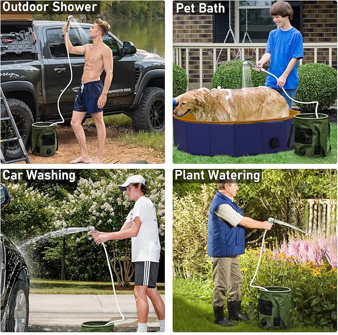 Portable Camping Shower, Pop Up Shower Privacy Tent Kit with LED Lights, 4500mAh Rechargeable Shower Pump, Filtered Shower Head & 7.4 Gallons Foldable Bucket, Outdoor Shower for Hiking Beach, Travel