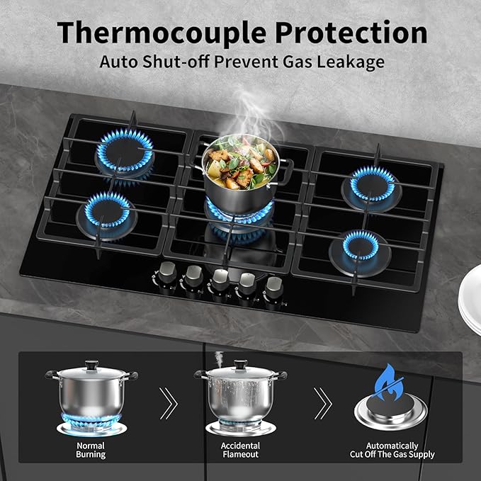 36 Inch Gas Cooktop Propane Stove, 5 Burner Built-in Gas Stove Top with Tempered Glass Panel, NG/LPG Dual Fuel Auto Ignition Propane Cooktop with Thermocouple Protection