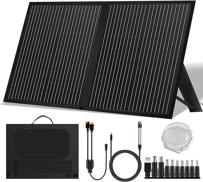 Portable 60 Watt 12V Foldable Solar Panel with Adjustable Kickstands and Waterproof IP65 Design for Power Station, Travel, Outdoor Camping, RVs, and Off-Grid Applications
