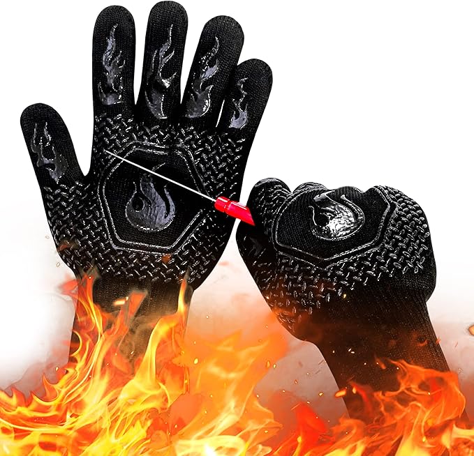 BBQ Fireproof Gloves, Grill Cut-Resistant Gloves 1472°F Heat Resistant Gloves, Non-Slip Silicone Oven Gloves, Kitchen Safe Cooking Gloves for Oven Mitts,Barbecue,Cooking, Frying,13.5 Inch-Black