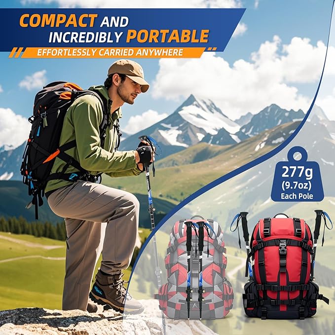Lightweight Collapsible Trekking Poles for Hiking – 2 Pack Adjustable Hiking Poles, Aluminum Walking Sticks for Skiing, Nordic Walking, Retractable Walking Sticks for Seniors, Women, Men