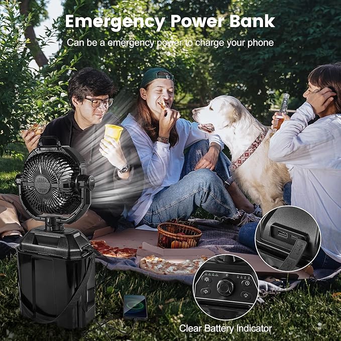 Odoland Portable Camping Fan with LED Light, 30000mAh Rechargeable Battery Operated Oscillating Fan with Remote & Hook, 6L Bucket Misting Fan for Outdoors Patios,Travel,Jobsite, Black