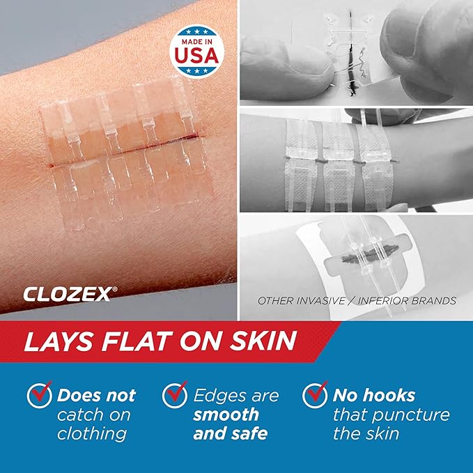 Clozex Emergency Laceration Closures - Repair Wounds Without Stitches, FSA HSA Eligible Skin Closure Device for 3 Individual Wounds Or Combine for Total Length of 4 1/4 Inches