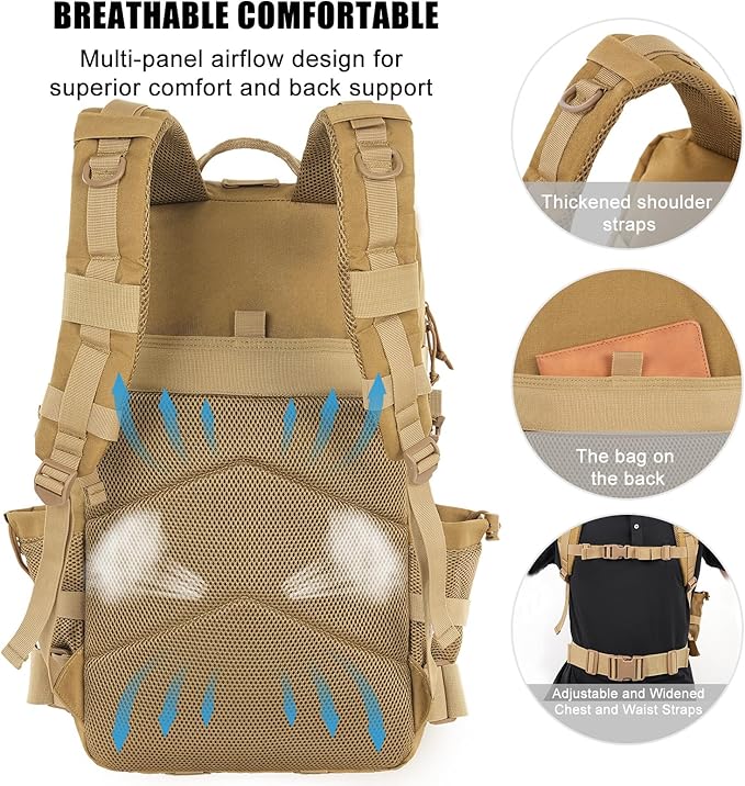 Military Tactical Backpack 25L Day Backpack for Men Molle Army 3 Days Assault Pack Bug Out Bag Water Resistant and Heavy Duty Hiking Treeking Rucksack - Brown
