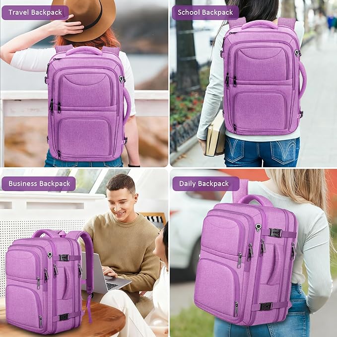 Travel Backpack for Women, Expandable Carry on Backpack, TSA 17.3 inch Laptop Bag Flight Approved, Lightweight Waterproof Business Luggage Bag, Travel Gifts for Women, Purple