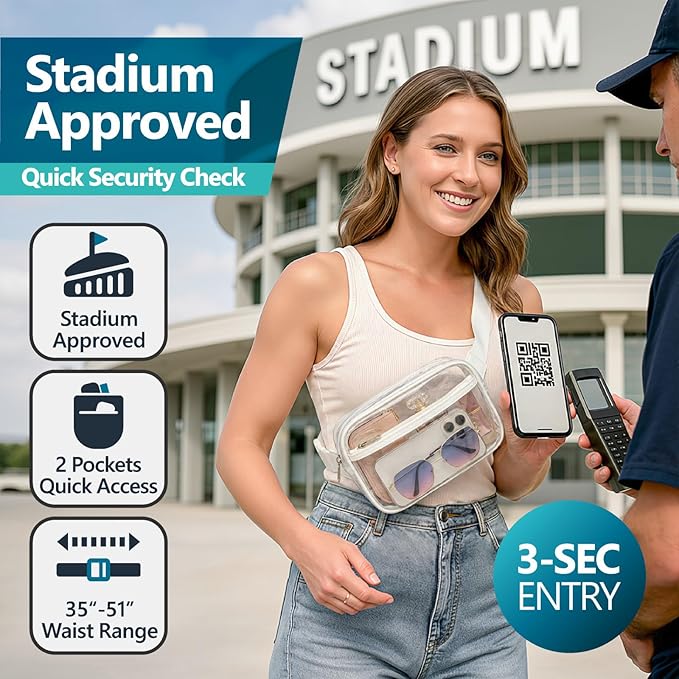 Veckle Clear Fanny Pack Stadium Approved - Plus Size 35-51 Inch Adjustable Strap Transparent Belt Bag for Women Men Fits 7.5" Smartphone, Crossbody Clear Bag for Stadium Events Sports Concerts, White