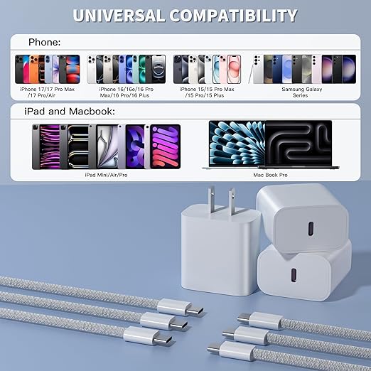10FT for iPhone Charger Fast Charging Cord, 20W Fast USB C Charger Block with 3 Pack 10 ft Extra Long Charging Cable for iPhone 17/17 Pro/17 Pro Max/Air/16 Pro Max/16 Plus/15 Pro Max/15, iPad Pro/Mini