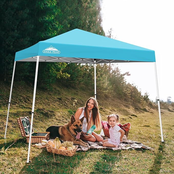 EAGLE PEAK 10x10 Slant Leg Pop-up Canopy Tent Easy One Person Setup Instant Outdoor Beach Canopy Folding Portable Sports Shelter 10x10 Base 8x8 Top (Light Blue)