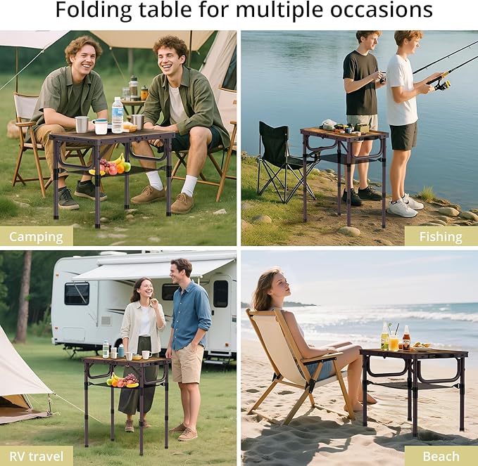 2ft Camping Table Foldable with Storage Net, 3 Adjustable Heights 27.5" Aluminum Small Portable Table with Carrying Handle, for Outdoor Indoor Picnic Beach Party Travel, 24" X 16", Brown