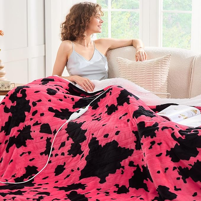 Cow Print Electric Heated Blanket King Size,90X100 Pink Heating Blanket King With Dual Control&Timer&10 Heat Levels,Highland Cow Decor Fleece Sherpa Blankets Warmer Gifts for Bed Women Adults,ETL
