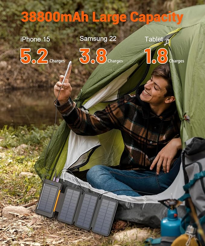 Solar Power Bank 38800mAh with 4 Solar Panels, Portable Charger USB C 18W Fast Charging for iPhone Samsung, IP67 Waterproof Outdoor External Battery Pack with Flashlight Light/SOS/Strobe