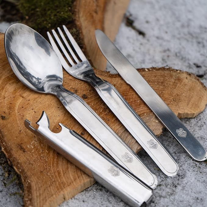 Original Hungarian army cutlery set 4 pieces. Eating utensils military issue spoon fork knife kit flatware multi-tool Camping bottle can opener stainless steel NEW