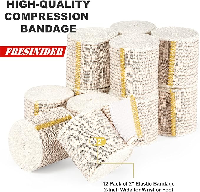 FRESINIDER Premium Elastic Bandage Wrap, 12 Pack 2" Cotton Latex Free Compression Bandage Wrap with Touch Closure at Both Ends, Support & First Aid for Sports, Medical, and Injury Recovery