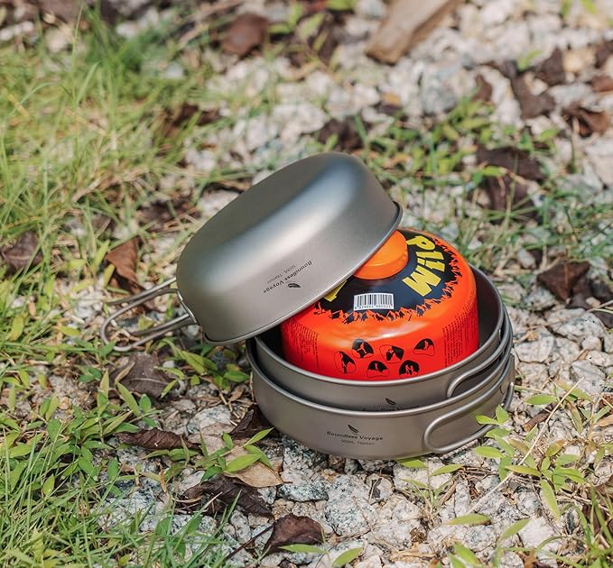 iBasingo 3-Piece Set Titanium Pot Set Camping Cooking Pan with Folding-Handle Outdoor Camp Cookware Pot Sets