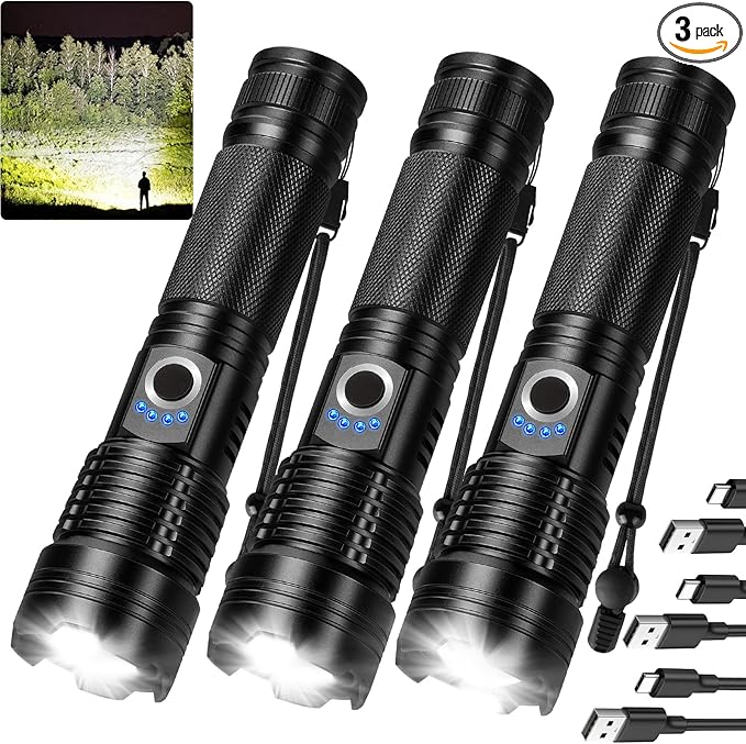 Rechargeable Flashlights High Lumens 3 Packs, 99,000 Lumens Super Bright LED Flashlight with 5 Modes & Waterproof, Powerful Handheld Flash Light for Home Camping