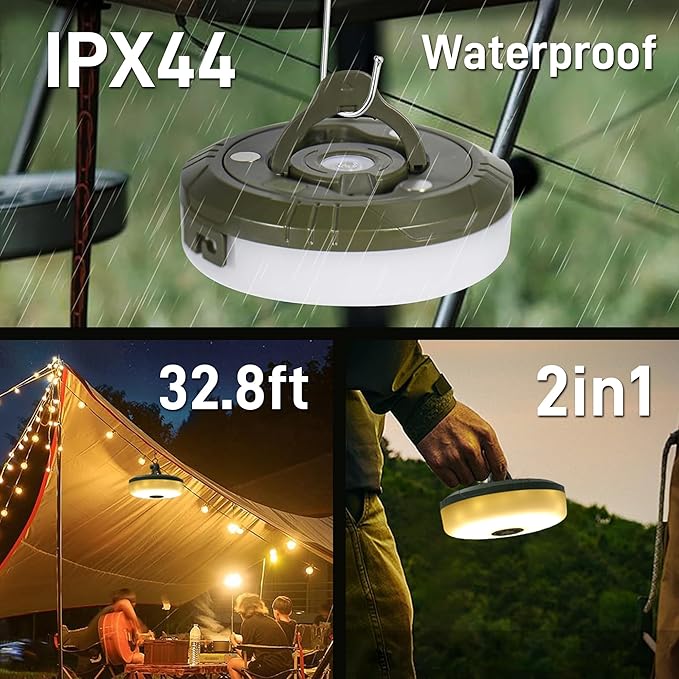 4 in 1 Camping String Lights 32.8FT Outdoor Quick Storage Camping Lights String & Lanterns, 8 Modes Retractable Camping Essentials Waterproof Camp Lights for Tent Gear