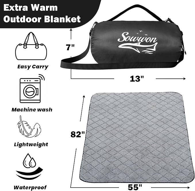 Waterproof Outdoor Blanket 82”X 55” Packable, Stadium Blankets for Camping with Sherpa Fleece Lining, Large Windproof Emergency Throw Mat for Garss Picnic Hiking Road Trip, Machine Washable, Black