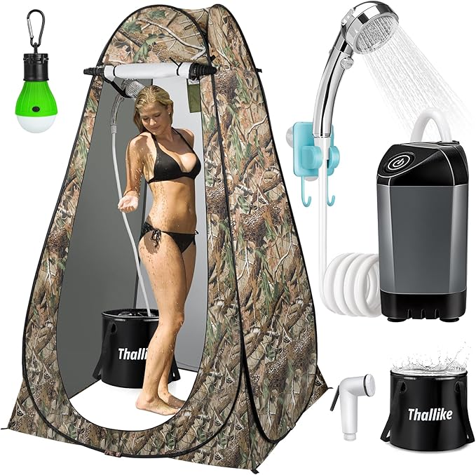 Portable Camping Shower, Pop Up Shower Privacy Tent Kit with LED Lights, 4500mAh Rechargeable Shower Pump, Filtered Shower Head & 7.4 Gallons Foldable Bucket, Outdoor Shower for Hiking Beach, Travel