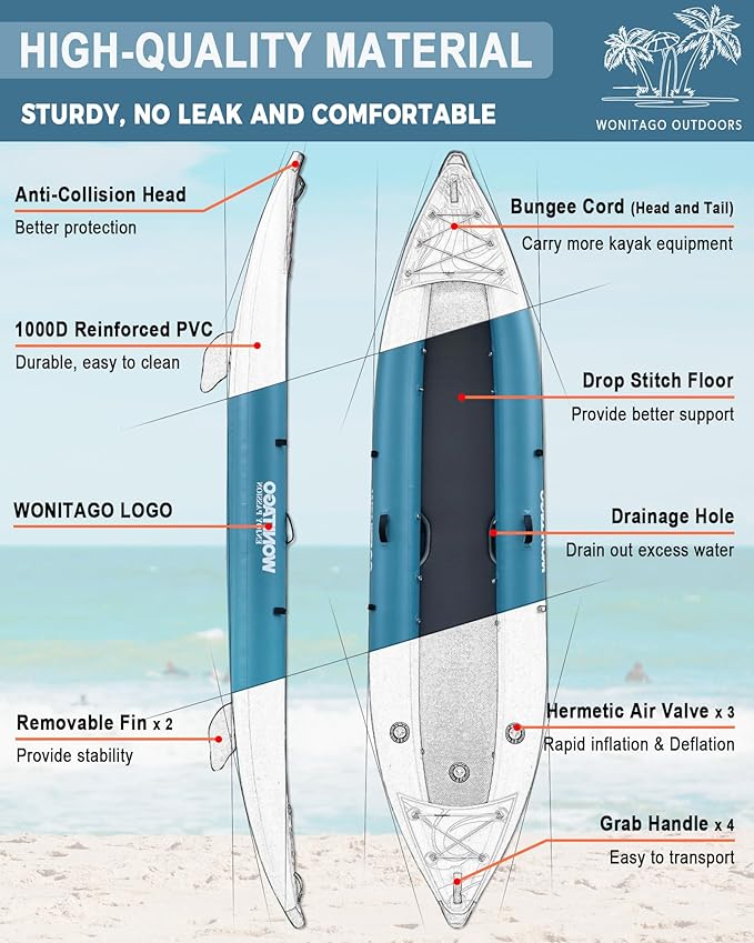 PVC Inflatable Kayak with Drop Stitch Floor, Recreational Touring Kayak with Kayak Paddle, Hand Pump and Carrying Bag, 1-2 Person