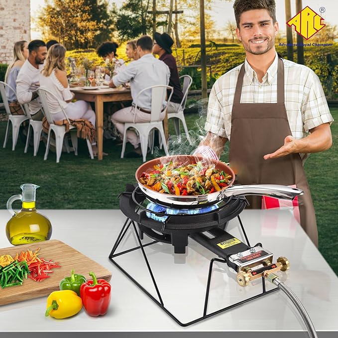 ARC Outdoor Propane Burner Stove, 13" Single Propane Wok Burner, Cast Iron Portable Wok Burner With Sturdy Stand, Bilateral Control Rings and 0-20 PSI Adjustable regulator, Stainless Steel Hose