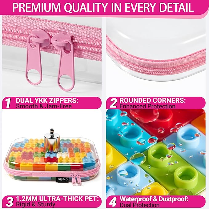 YQBRAO 3-Pack Clear Hard Shell Zipper Case Pink, 1.2mm Heavy-Duty Crush-Proof Travel Makeup Bag, Multi-Size (L+M+S) Diaper Bag Organizer Pouches, Rigid Clear Zipper Pouches for Tech, Toys & Home
