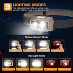 EverBrite Rechargeable Headlamp, LED Bright Motion Sensor Head Lamp Flashlight with 9 Modes, Adjustable Headlight for Adults with White Red Light, Water Resistant, Khaki, for Hiking, Running, Camping