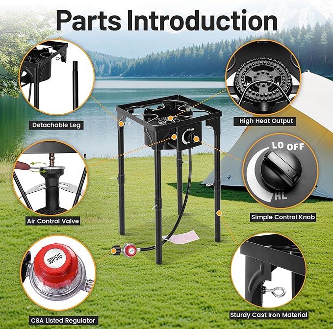 Outdoor Camping Stove, 130000 BTU, High Pressure Single Burner, Propane Gas Cooker with Detachable Legs, 30 PSI Regulator