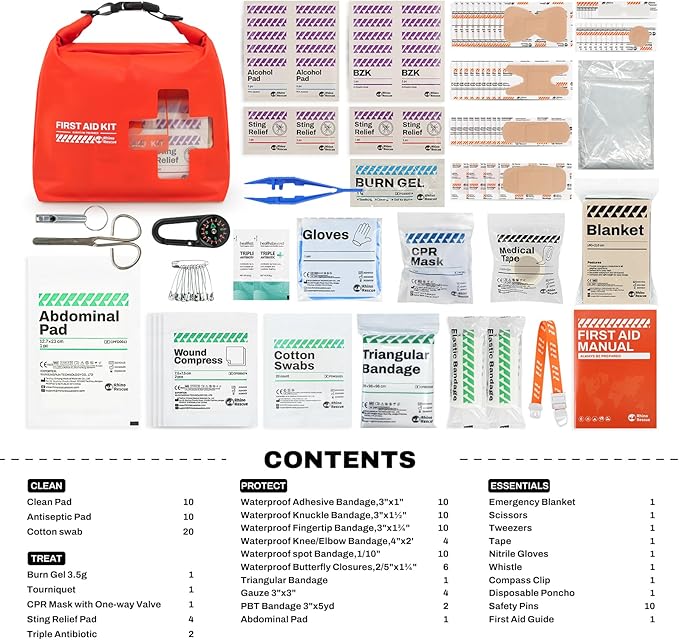 RHINO RESCUE Waterproof Boat First Aid Kit, Lightweight Boat Accessories Dry Bag, Emergency Marine Survival Supplies for Outdoor Kayak, Fishing, Floating, Swimming, Beach & Camping (Red)