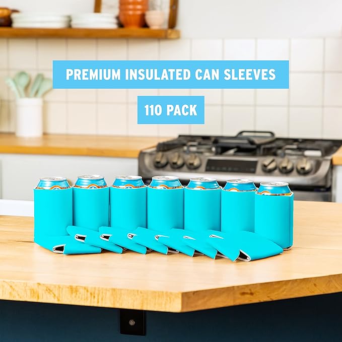Blank Beer Can Cooler Sleeves (110-Pack) Soft Insulated Beer Can Coolies - HTV Friendly Blank Koolies in Bulk for Beer Cans & Bottles - Coolie Blanks for Vinyl Projects & Wedding Favors (Robins Egg)