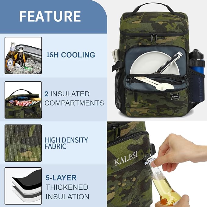 Kalesi Cooler Backpack 36 Cans Lightweight Insulated Backpack Cooler Leak-Proof Travel Camping Lunch Backpack Outdoor Cutlery Backpack for Men and Women