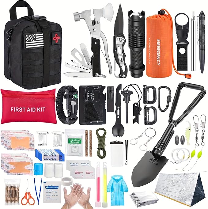 Survival Kit, 252Pcs Survival Gear First Aid Kit with Molle System Compatible Bag and Emergency Tent, Emergency Kit for Earthquake, Outdoor Adventure, Hiking, Hunting, Gifts for Men Women (Black)