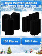 Suhine 200 Pieces Winter Beanies Gloves Sets Include 100 Black Warm Knitted Hats Bulk and 100 Gloves for Men Women Homeless