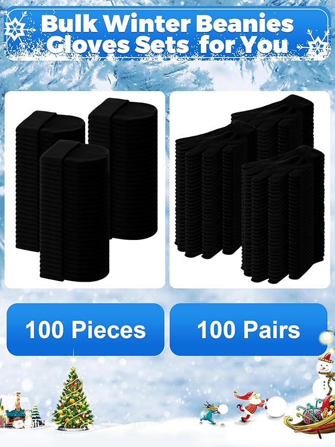 Suhine 200 Pieces Winter Beanies Gloves Sets Include 100 Black Warm Knitted Hats Bulk and 100 Gloves for Men Women Homeless