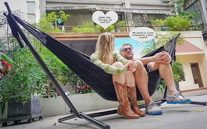 Double Hammock 2 Person Extra Large 330X150cm Load Capacity 600Pound Canvas Cotton Hammock for Patio Porch Garden Backyard Lounging Outdoor and Indoor XXL(Black)